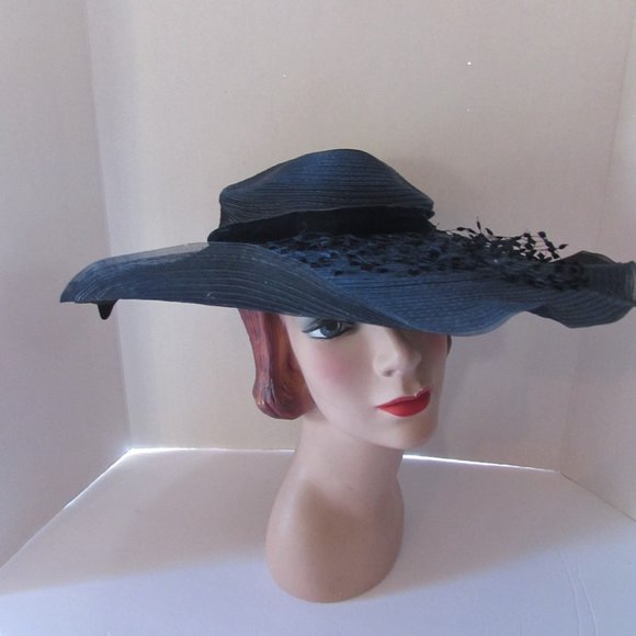 SALE Vintage Mid Century Portrait Wide Brim Black Straw Hat main image 4